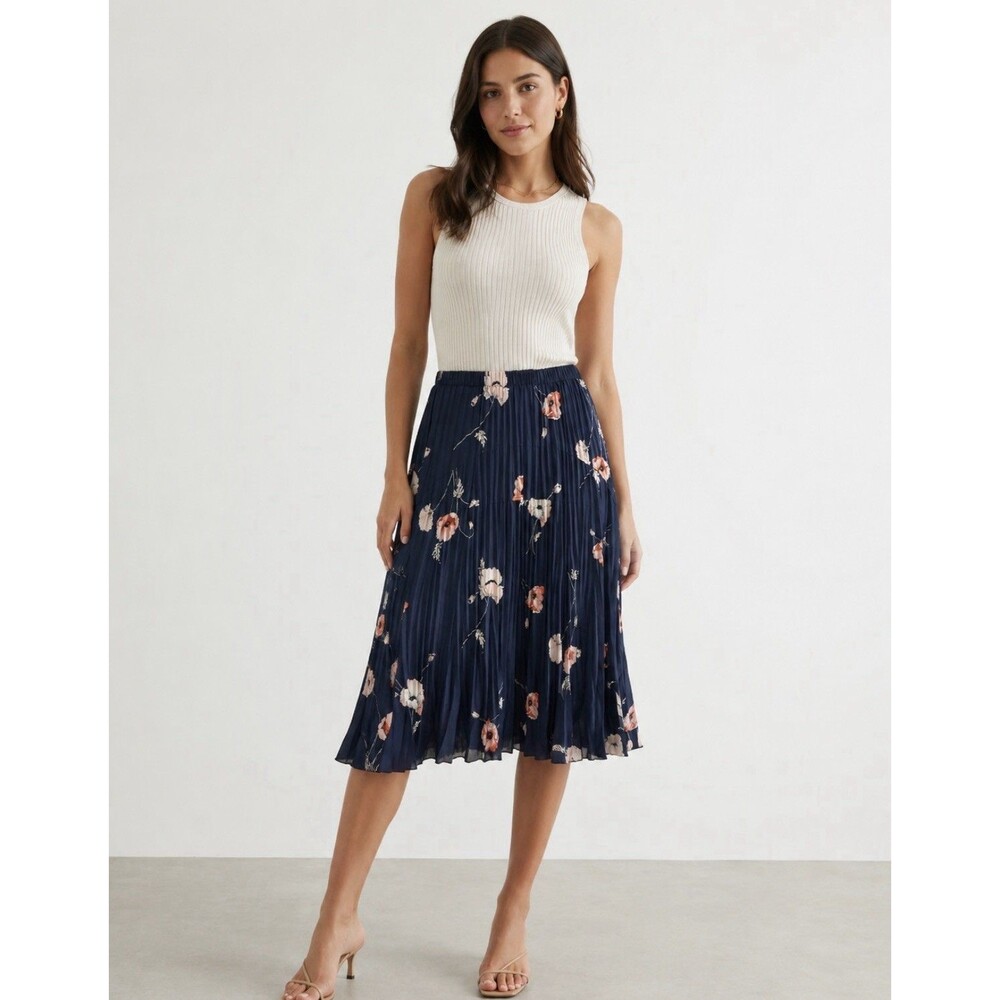 VINCE Tossed Poppy Pleated Midi Skirt in Marine Navy Blue Floral Size M Boho #6 - Picture 1 of 7